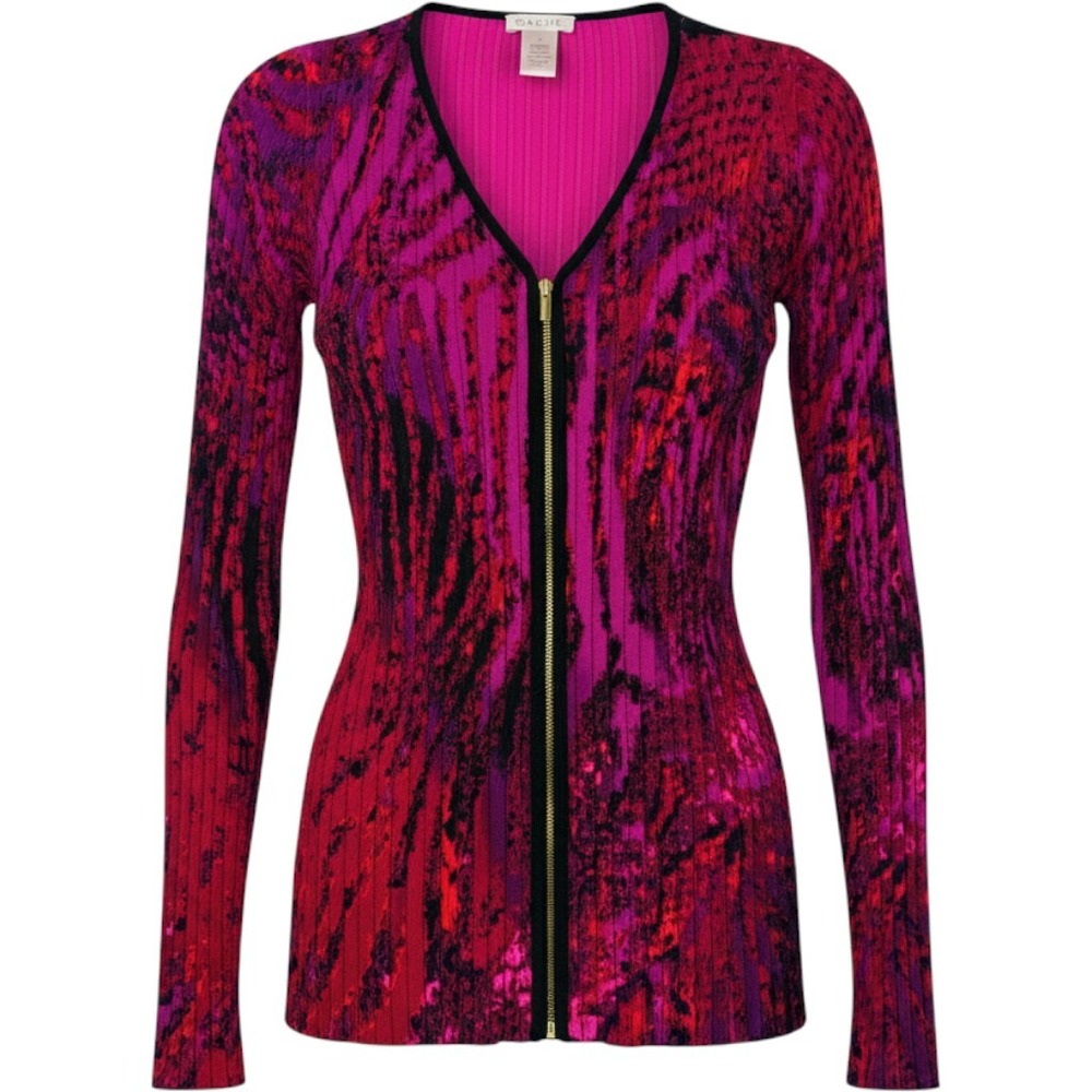 Vintage Cache Full Zip Ribbed Cardigan XS Purple Abstract Animal Print Sweater